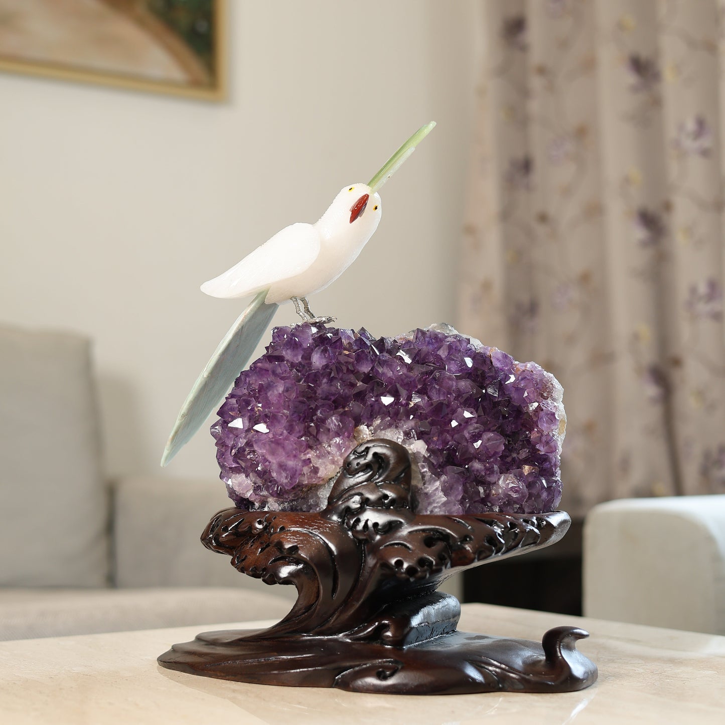 Aurewood Amethyst Geode Gemstone Bird Sculpture – Handcrafted Crystal Bird on Natural Amethyst Cluster with Carved Wooden Base, Luxury Home Décor Feng Shui Showpiece 17 Inch, 10.4 Kg