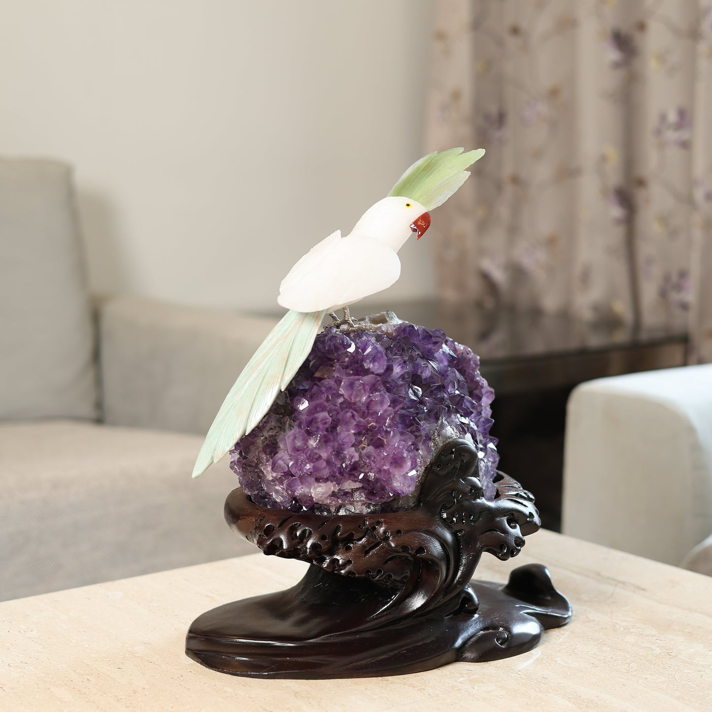Aurewood Amethyst Geode Gemstone Bird Sculpture – Handcrafted Crystal Bird on Natural Amethyst Cluster with Carved Wooden Base, Luxury Home Décor Feng Shui Showpiece 17 Inch, 10.4 Kg