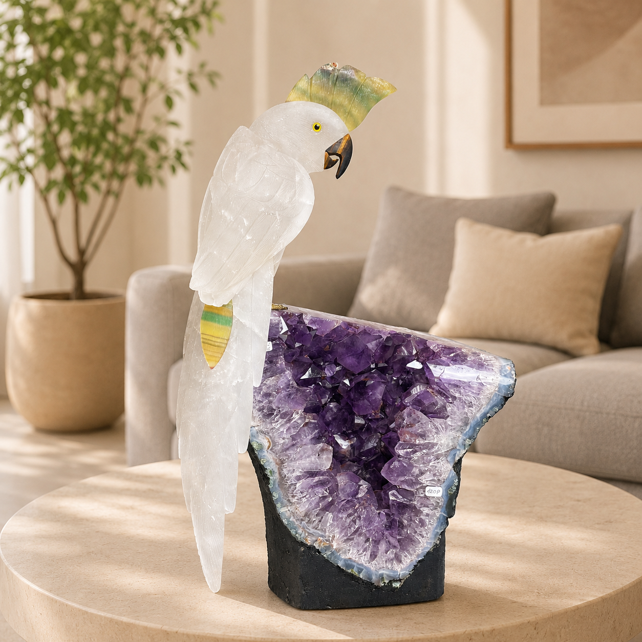 Aurecrest Amethyst Gemstone Cockatoo – Selenite Crystal Bird Home Décor, Purity & Serenity Symbol | 19 Inch, 10kg