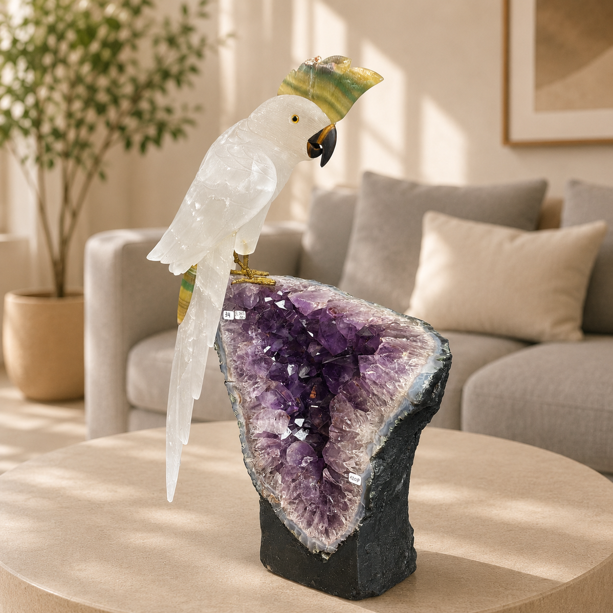 Aurecrest Amethyst Gemstone Cockatoo – Selenite Crystal Bird Home Décor, Purity & Serenity Symbol | 19 Inch, 10kg