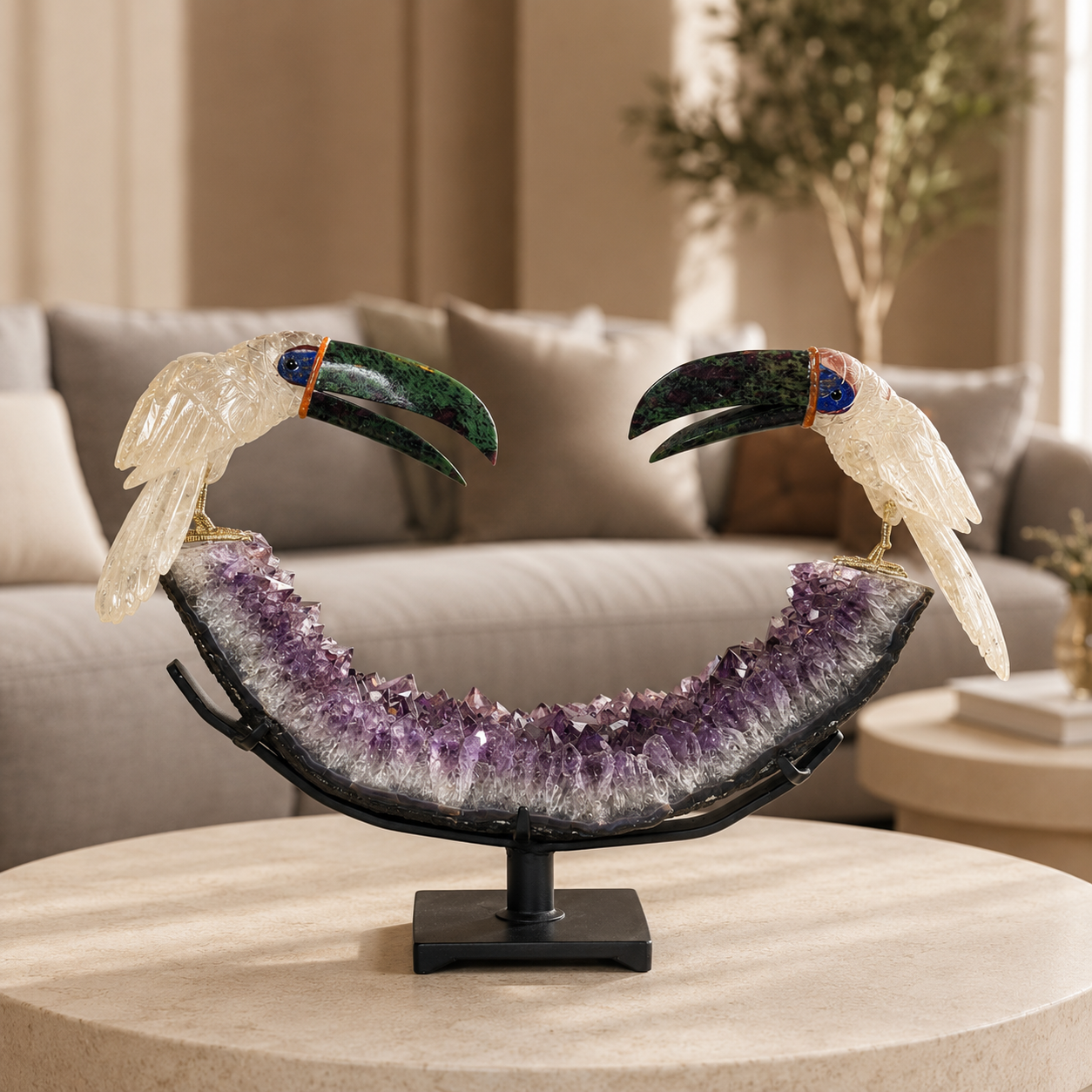 Aurecana Amethyst Gemstone Toucan Pair – Crystal Harmony Home Décor, Clarity & Prosperity Symbol | 18 Inch, 9.860 kg