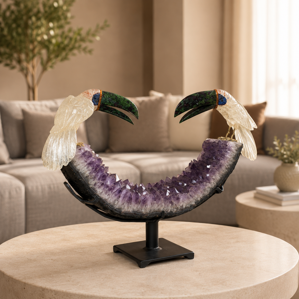 Aurecana Amethyst Gemstone Toucan Pair – Crystal Harmony Home Décor, Clarity & Prosperity Symbol | 18 Inch, 9.860 kg