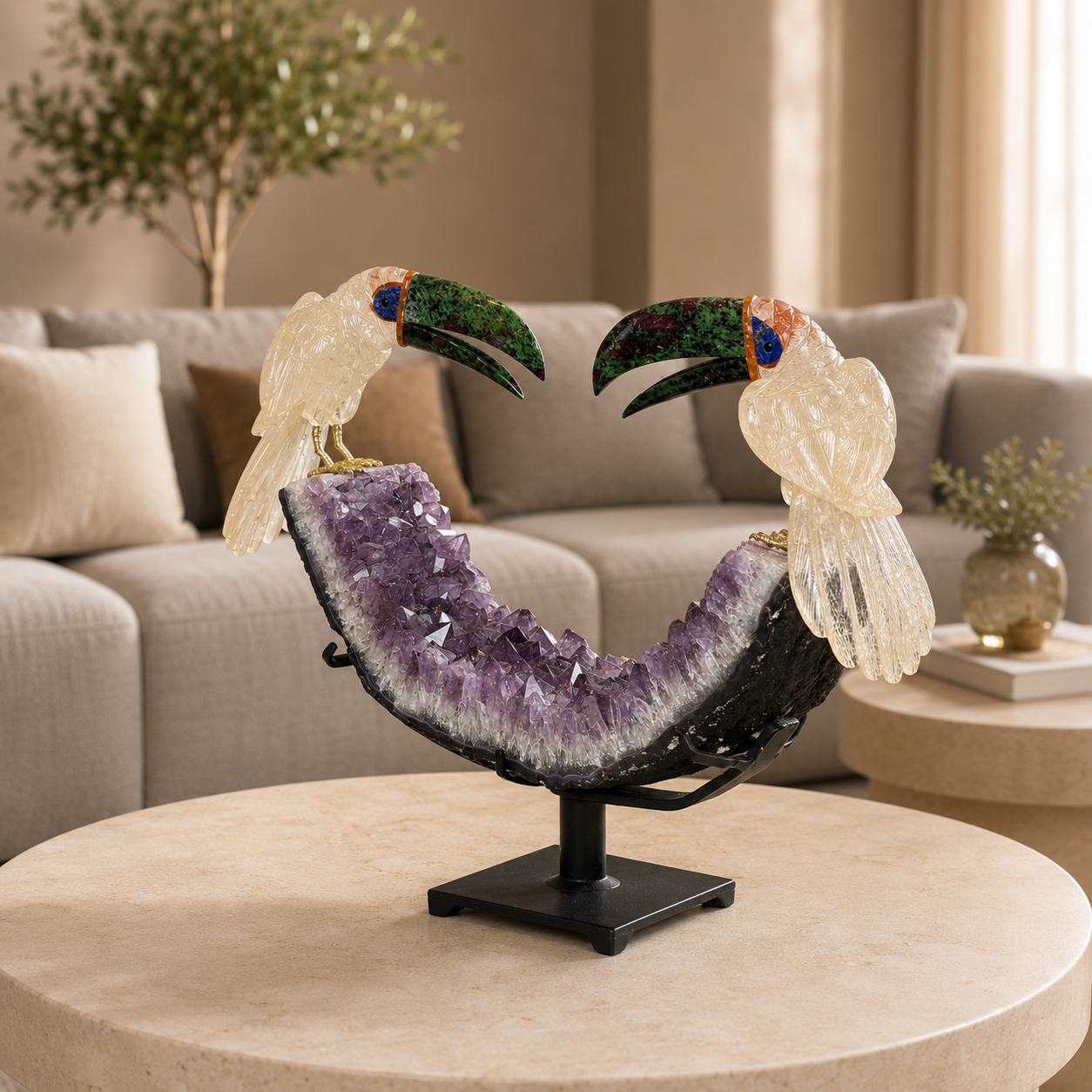 Aurecana Amethyst Gemstone Toucan Pair – Crystal Harmony Home Décor, Clarity & Prosperity Symbol | 18 Inch, 9.860 kg