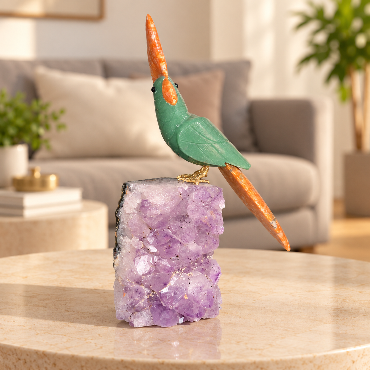 Aurevia Amethyst Gemstone Bird – Green Aventurine & Orange Calcite Crystal Parrot Home Décor, Prosperity & Positivity Symbol