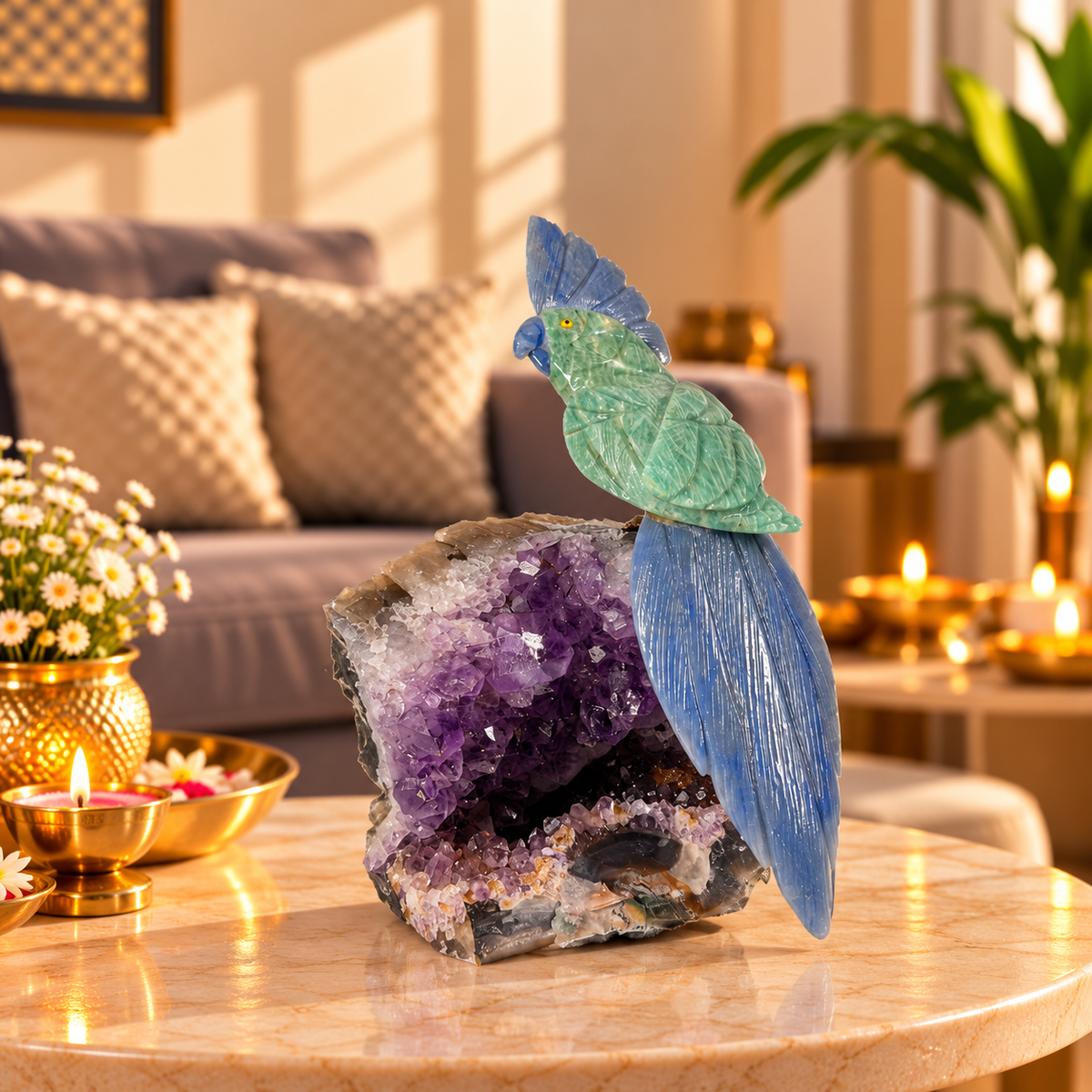Turqvia Amethyst Gemstone Bird – Turquoise & Lapis Lazuli Crystal Parrot Home Décor, Protection, Wisdom & Harmony Symbol 8 Inch, 1.3 Kg