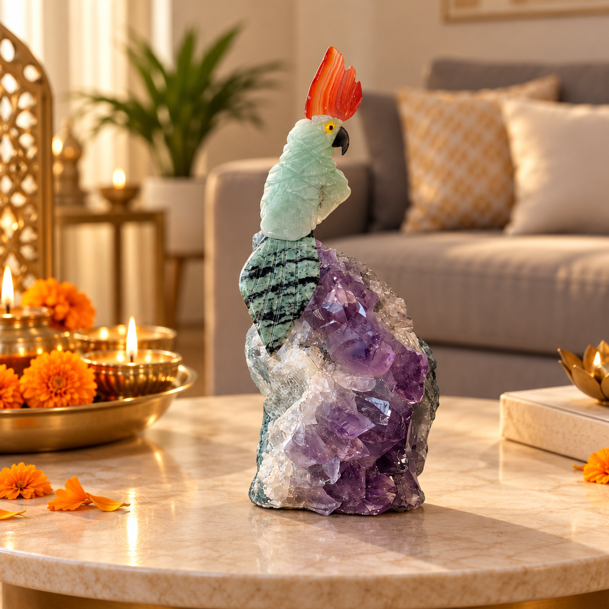 Aurevia Green Jade Gemstone Bird – Amethyst Crystal Parrot Home Décor, Prosperity & Harmony Symbol