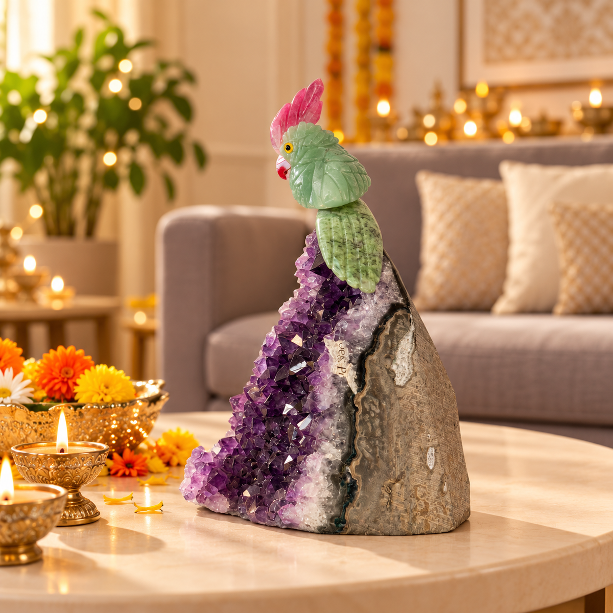 Green Jade & Ruby Zoisite Gemstone Bird on Amethyst Base – Pink Agate Crown Crystal Parrot Home Décor, Harmony & Prosperity Symbol, 5.5 Inch, 0.496 kg