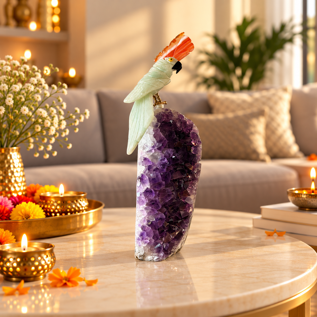 Aurevia Green Jade & Amethyst Gemstone Bird – Brown Agate Crown Crystal Parrot Home Décor, Prosperity & Harmony Symbol