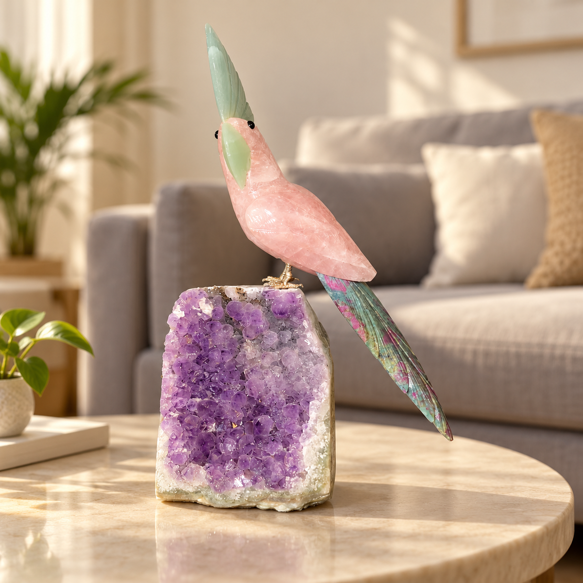 Aurevia Amethyst Gemstone Bird – Rose Quartz Crystal Parrot Home Décor, Love & Harmony Symbol