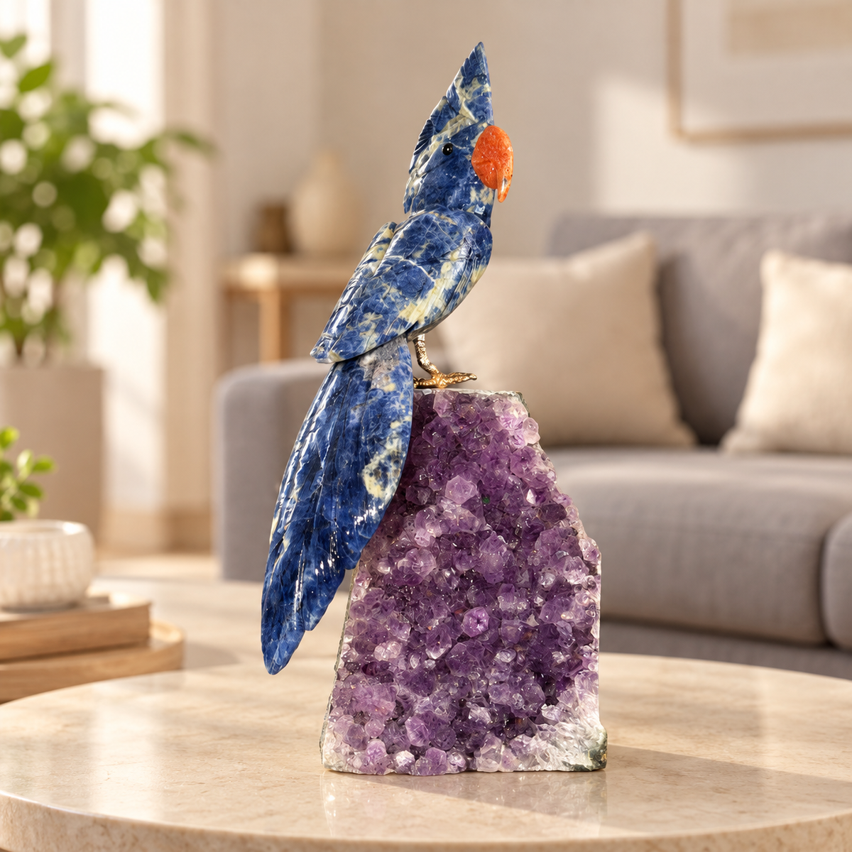 Aurevia Blue Sodalite Gemstone Bird on Amethyst – Crystal Parrot Home Décor, Clarity & Harmony Symbol | 9 Inch, 1.3 kg