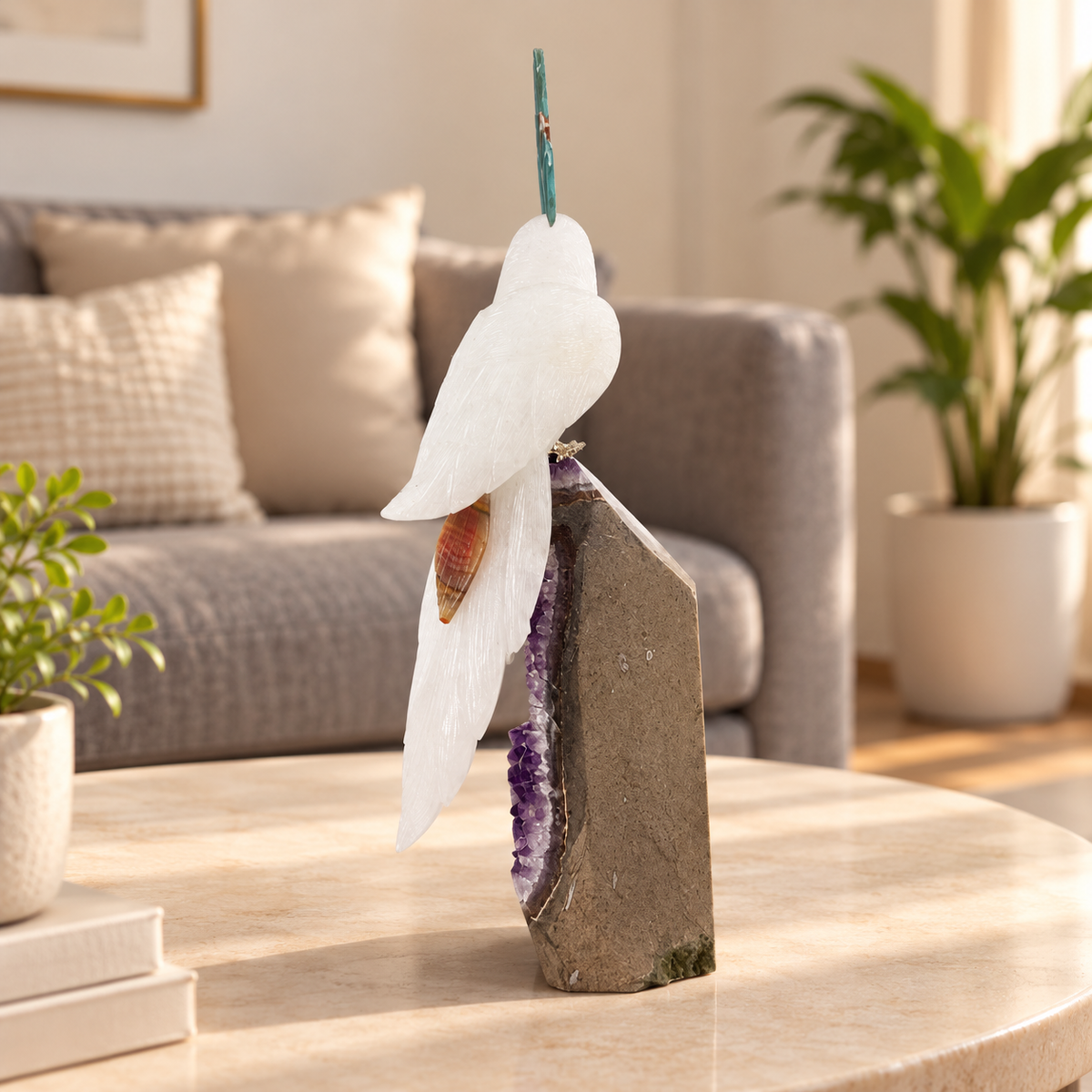 Aurelia Amethyst Gemstone Bird – White Quartz Crystal Parrot Home Décor, Peace & Clarity Symbol, 14.5 Inch, 3.400 kg