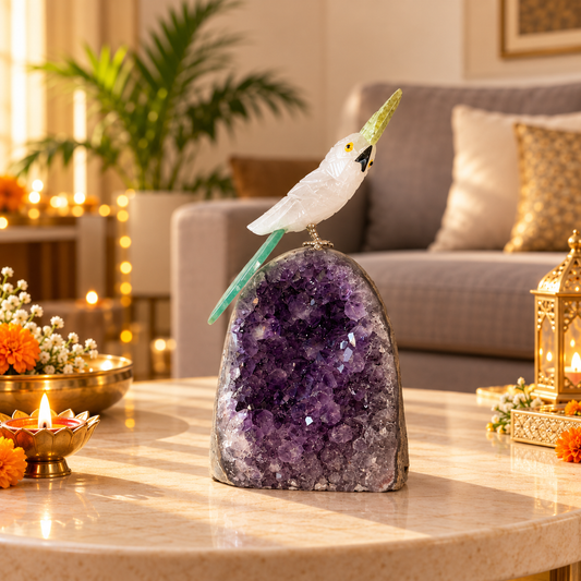 Celestia Amethyst Gemstone Bird – Clear Quartz Crystal Parrot with Green Agate Crown & Tail, Peace, Clarity & Harmony Symbol for Luxury Home Décor | 5 Inch, 0.375 kg