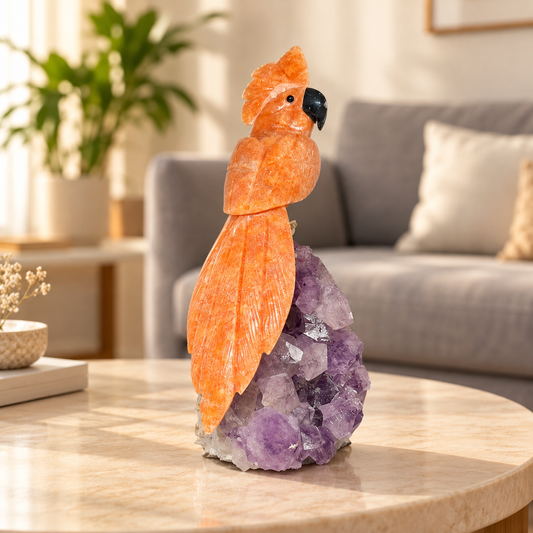 Aurevia Orange Calcite Amethyst Gemstone Bird – Crystal Parrot Home Décor, Creativity & Positivity Symbol, 8.5 Inch, 1.274 kg