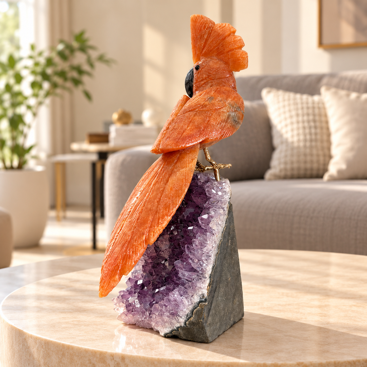 Aurevia Orange Calcite Amethyst Gemstone Bird – Crystal Cockatoo Home Décor, Creativity & Positivity Symbol | 9.5 Inch, 1.2 kg