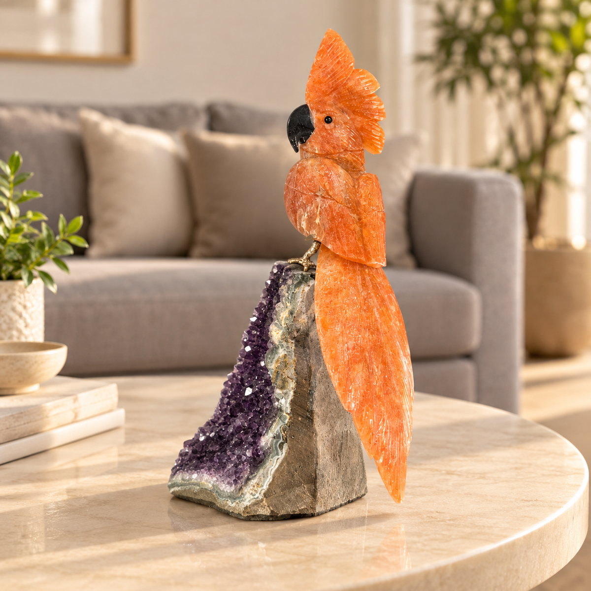 Aurelio Orange Calcite Amethyst Gemstone Bird – Crystal Parrot Home Décor, Creativity & Positivity Symbol, 9 Inch, 1.3 kg