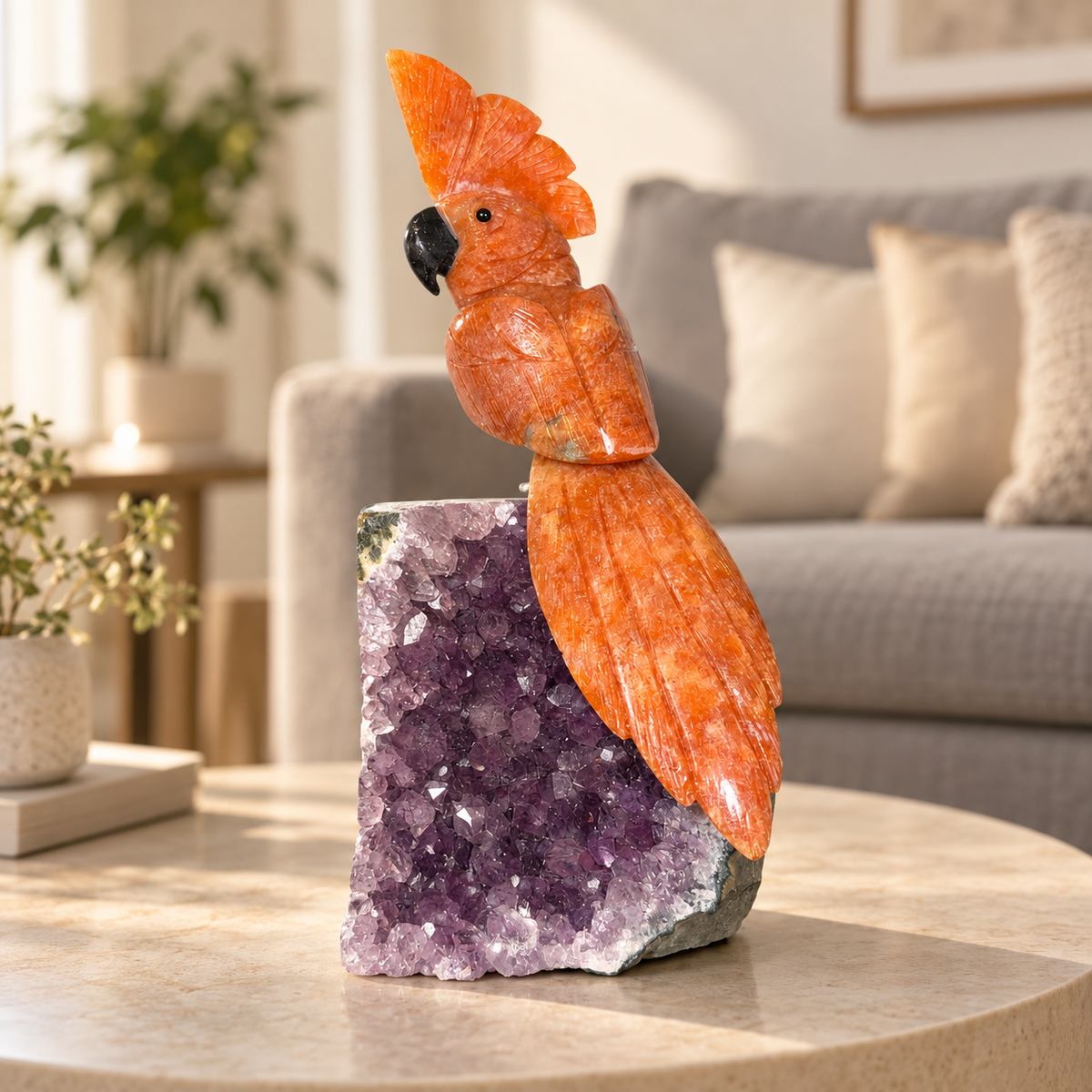 Aurevia Orange Calcite Amethyst Gemstone Bird – Crystal Cockatoo Home Décor, Creativity & Positivity Symbol | 9.5 Inch, 1.2 kg