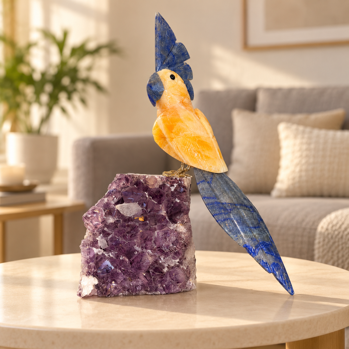 Aurevia Amethyst Gemstone Bird – Yellow Calcite & Blue Sodalite Crystal Parrot Home Décor, Positivity & Harmony Symbol | 10 Inch, 1.6 kg