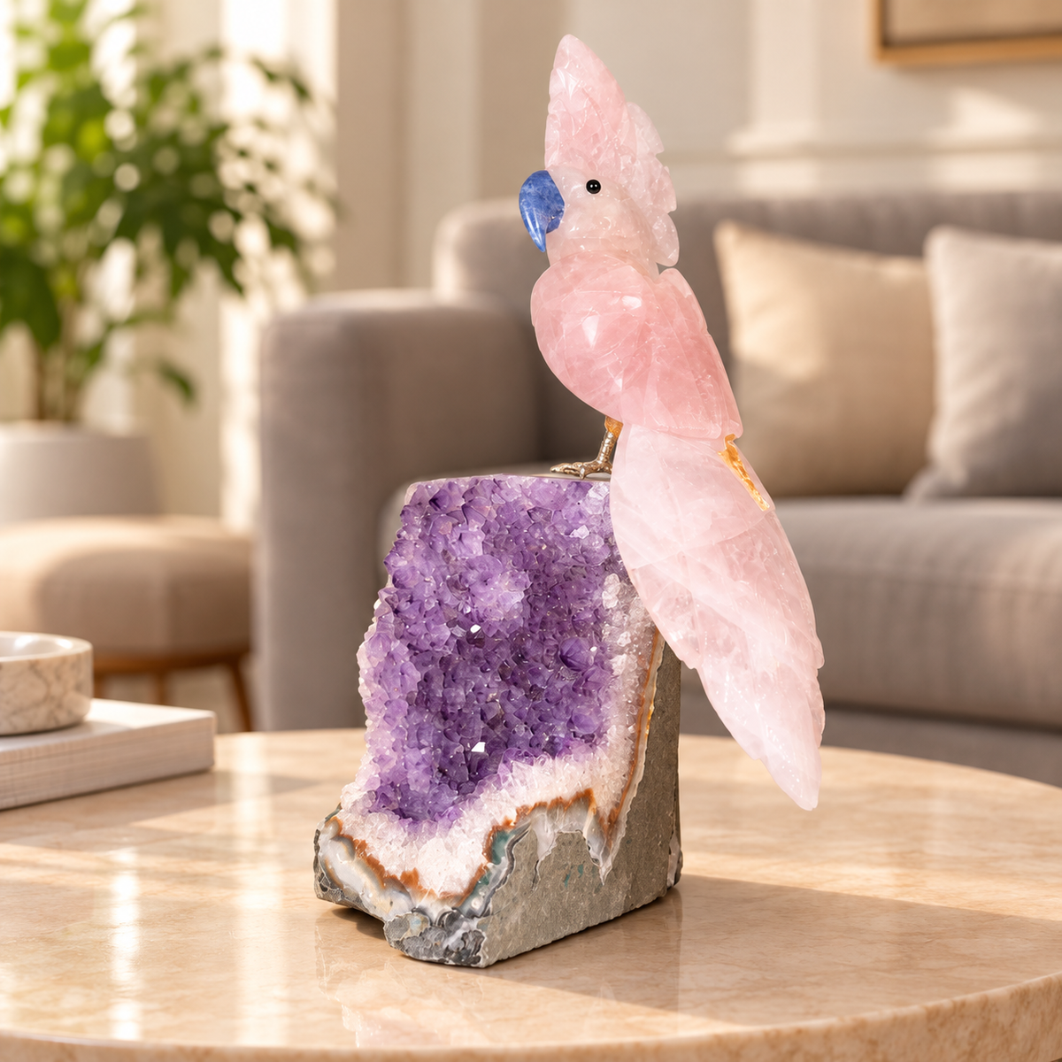 Aurevia Amethyst Gemstone Bird – Rose Quartz Crystal Parrot Home Décor, Love & Harmony Symbol 9.5 Inch, 1.166 kg