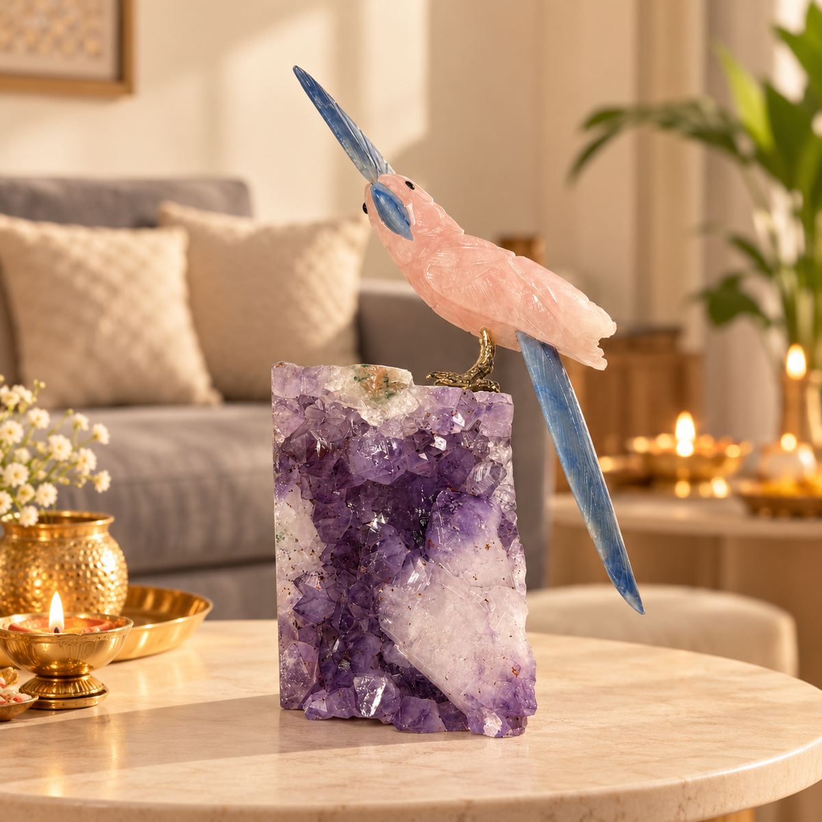 Roselia Amethyst Gemstone Bird – Rose Quartz & Lapis Lazuli Crystal Parrot Home Décor, Love, Harmony & Wisdom Symbol 9 Inch, 1.5 Kg