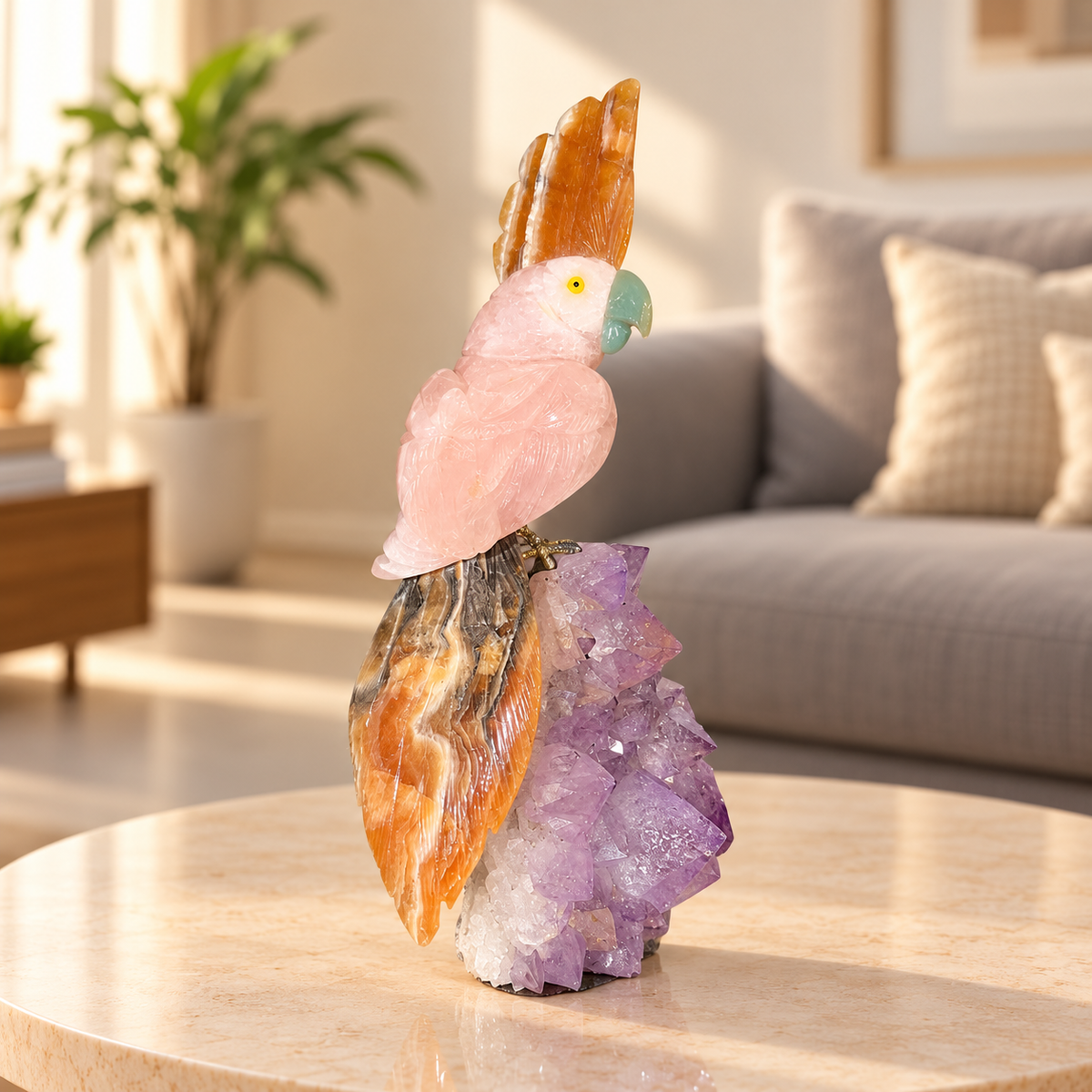Aurevia Rose Quartz Amethyst Gemstone Bird – Honey Onyx Crystal Parrot Home Décor, Love & Positivity Symbol, 9.5 Inch, 1.244 kg