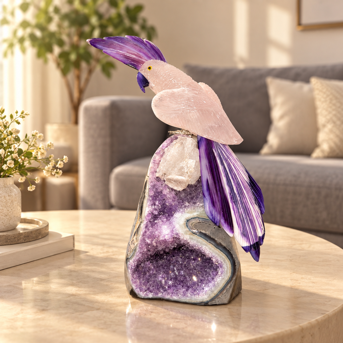 Aurevia Rose Quartz Gemstone Bird – Purple Agate Crystal Parrot on Amethyst Base, Love & Harmony Symbol | 8 Inch, 1.6 kg