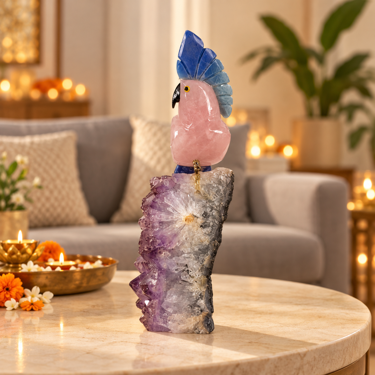 Rosella Amethyst Gemstone Bird – Rose Quartz & Lapis Lazuli Crystal Parrot Home Décor, Love & Wisdom Symbol, 8.5 Inch, 0.818 kg