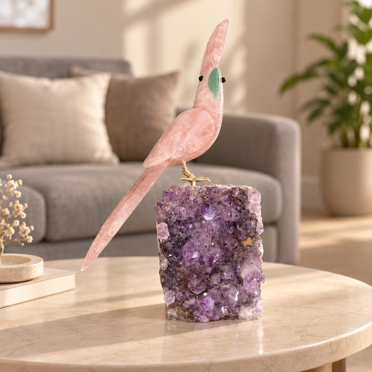Rosavelle Amethyst Gemstone Bird – Rose Quartz Crystal Parrot Home Décor, Love & Harmony Symbol | 9.5 Inch, 1.3 kg