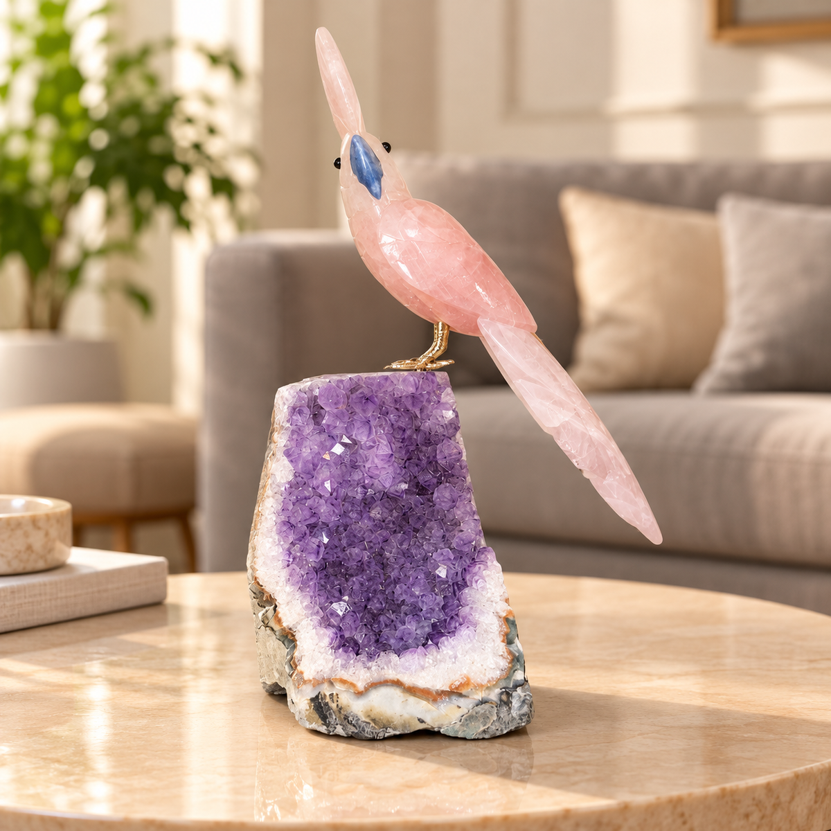 Aurevia Amethyst Gemstone Bird – Rose Quartz Crystal Parrot Home Décor, Love & Harmony Symbol 9.5 Inch, 1.166 kg