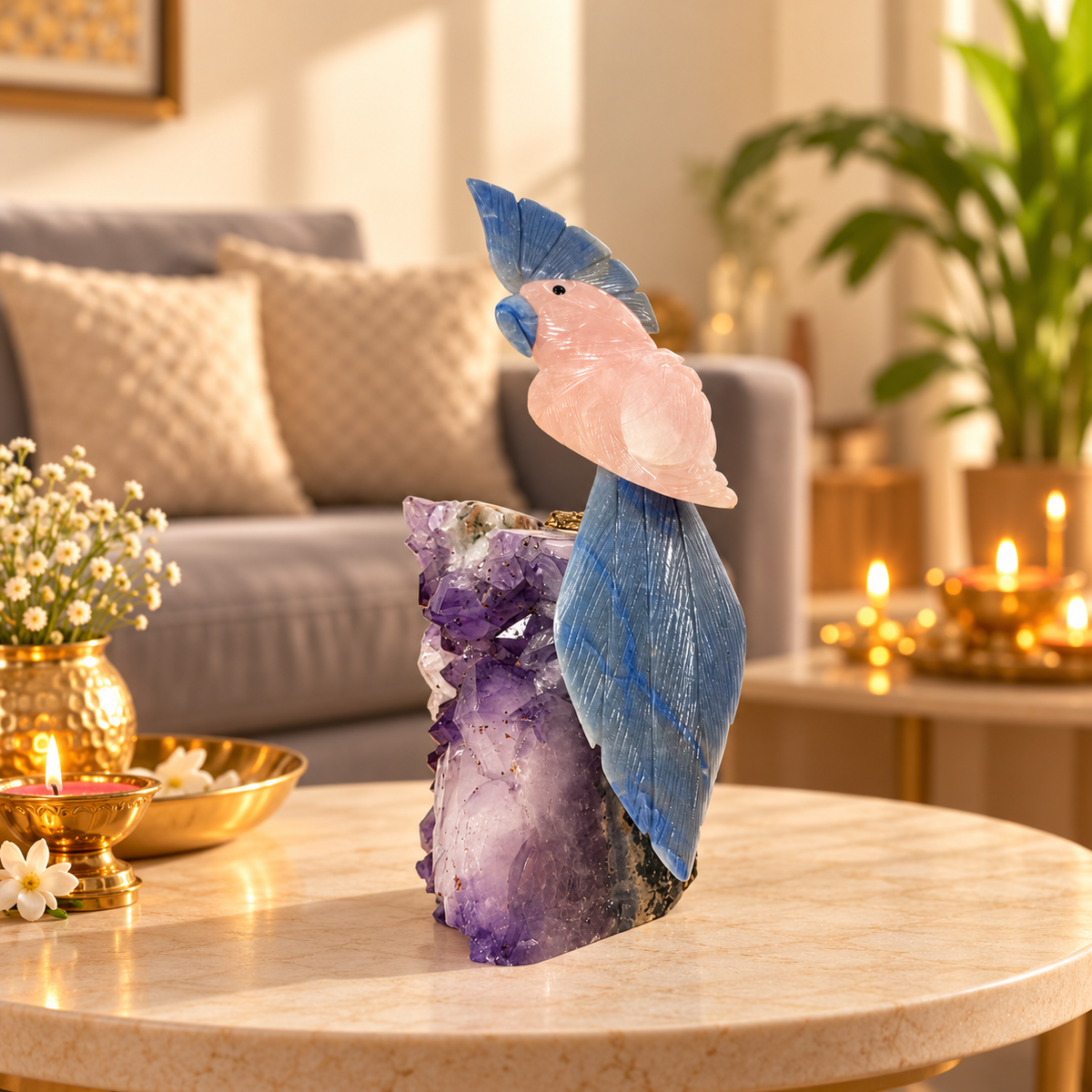 Roselia Amethyst Gemstone Bird – Rose Quartz & Lapis Lazuli Crystal Parrot Home Décor, Love, Harmony & Wisdom Symbol 9 Inch, 1.5 Kg