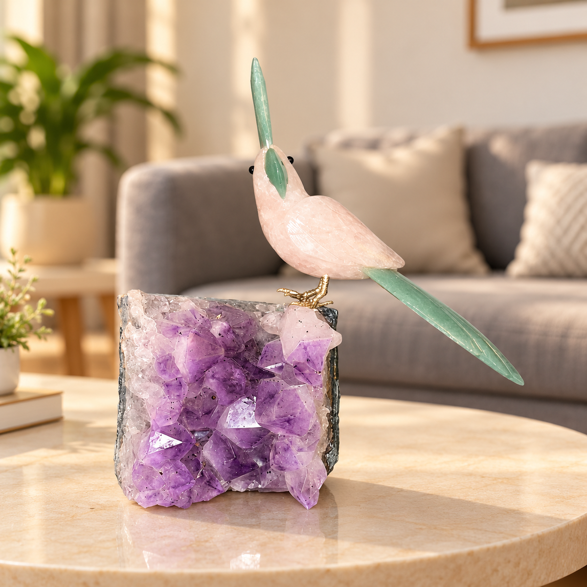 Aurevia Amethyst Gemstone Bird – Rose Quartz & Green Jade Crystal Parrot Home Décor, Love & Prosperity Symbol