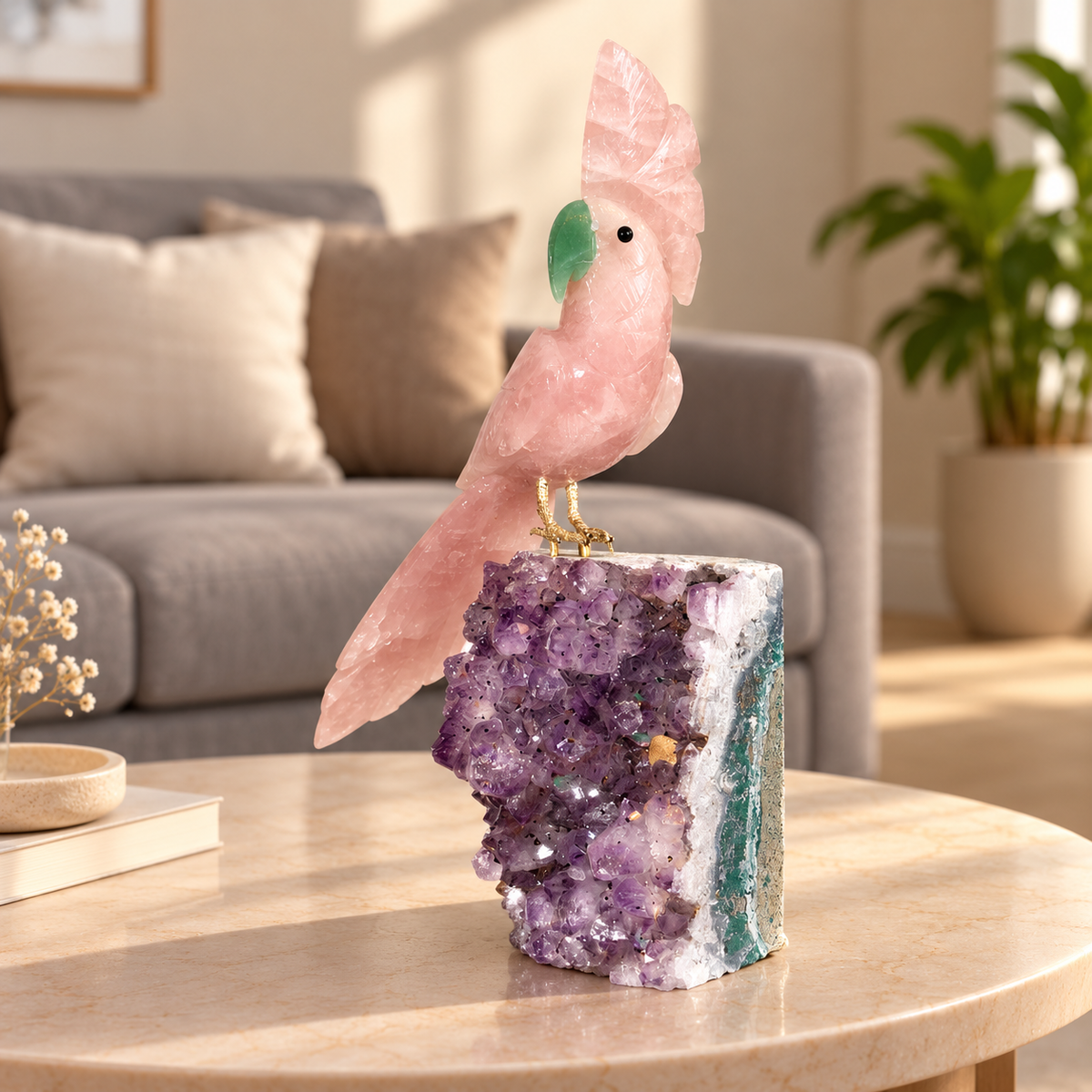 Rosavelle Amethyst Gemstone Bird – Rose Quartz Crystal Parrot Home Décor, Love & Harmony Symbol | 9.5 Inch, 1.3 kg