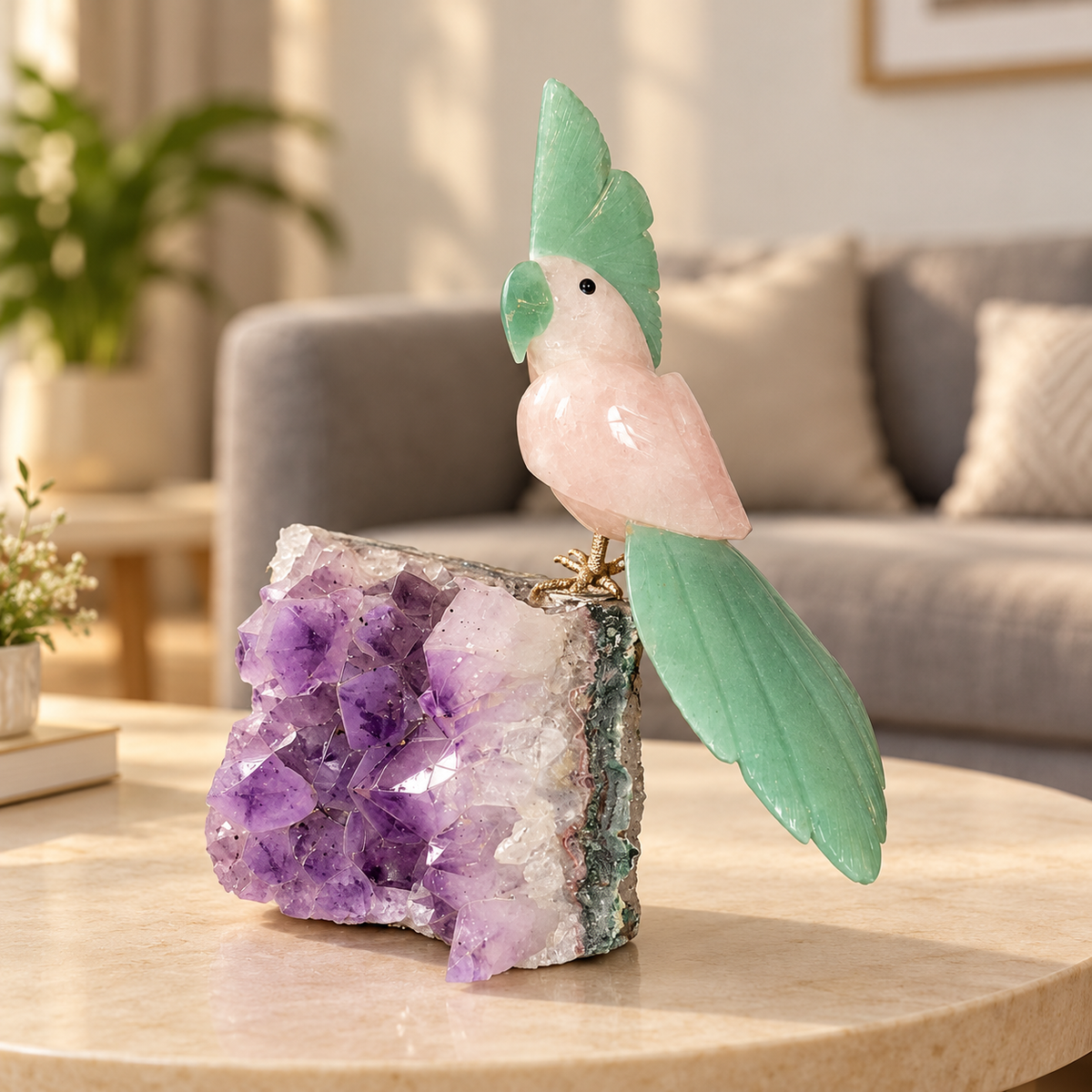 Aurevia Amethyst Gemstone Bird – Rose Quartz & Green Jade Crystal Parrot Home Décor, Love & Prosperity Symbol