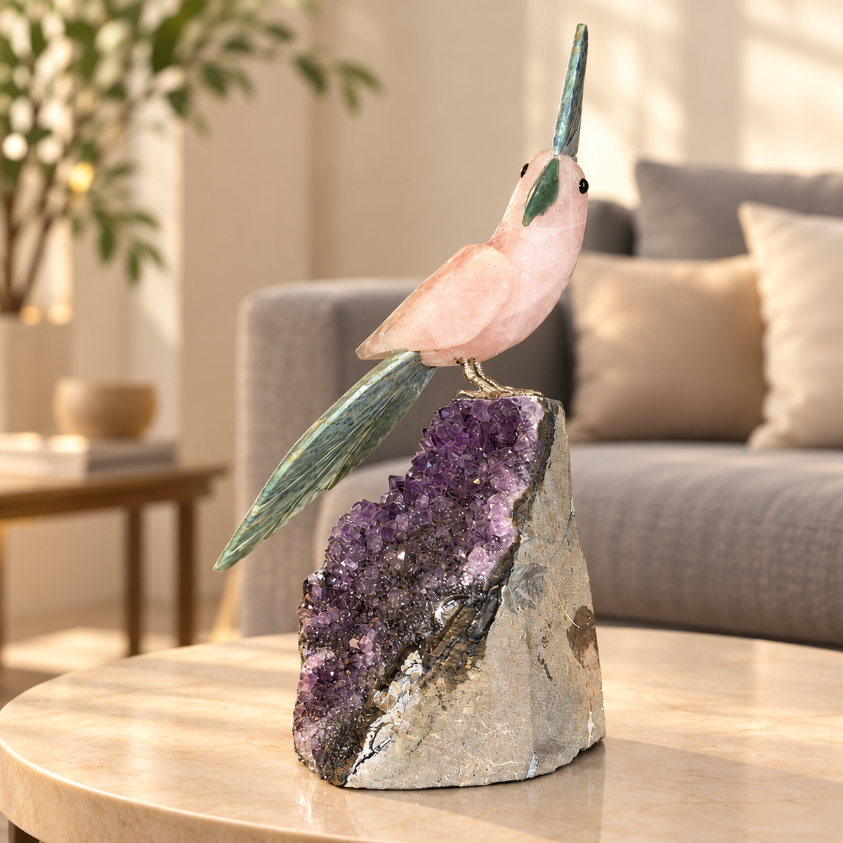 Aurevia Amethyst Gemstone Bird – Rose Quartz & Ruby Zoisite Crystal Parrot Home Décor, Love & Harmony Symbol | 9 Inch, 1.3 kg