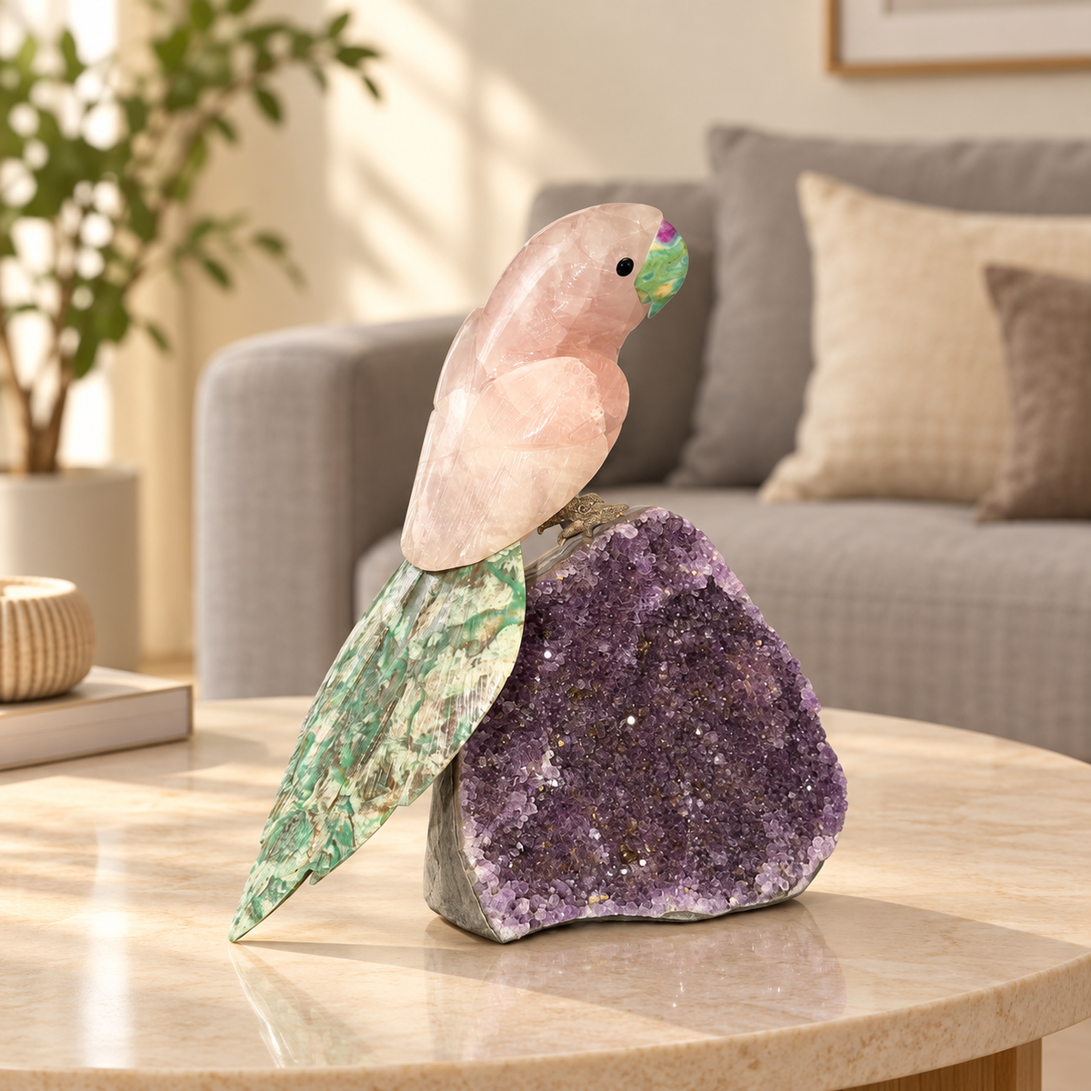 Aurevia Amethyst Gemstone Bird – Rose Quartz & Green Zoisite Crystal Parrot Home Décor, Love & Harmony Symbol