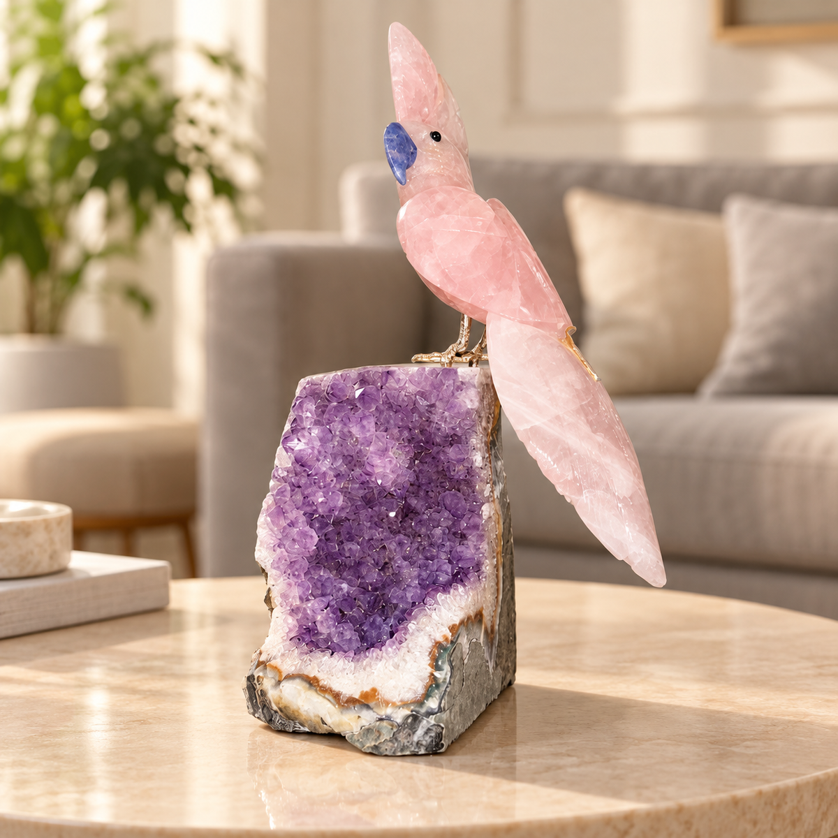 Aurevia Amethyst Gemstone Bird – Rose Quartz Crystal Parrot Home Décor, Love & Harmony Symbol 9.5 Inch, 1.166 kg