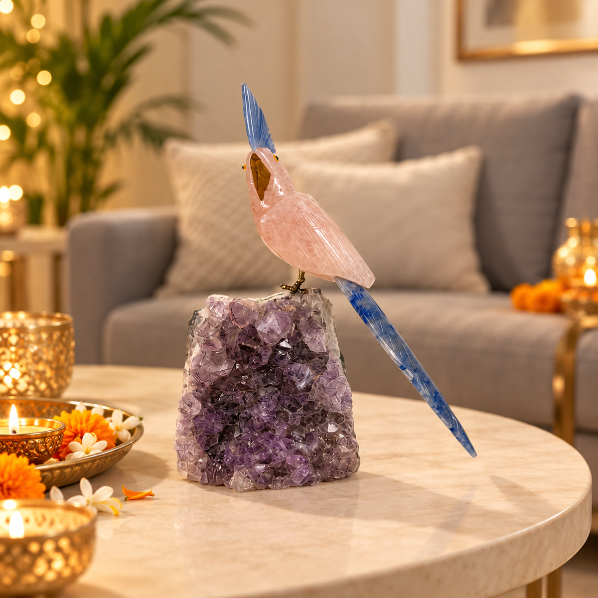 Aurevia Amethyst Gemstone Bird – Rose Quartz & Lapis Lazuli Crystal Parrot Home Décor, Love & Harmony Symbol, 7 Inch, 0.746 kg