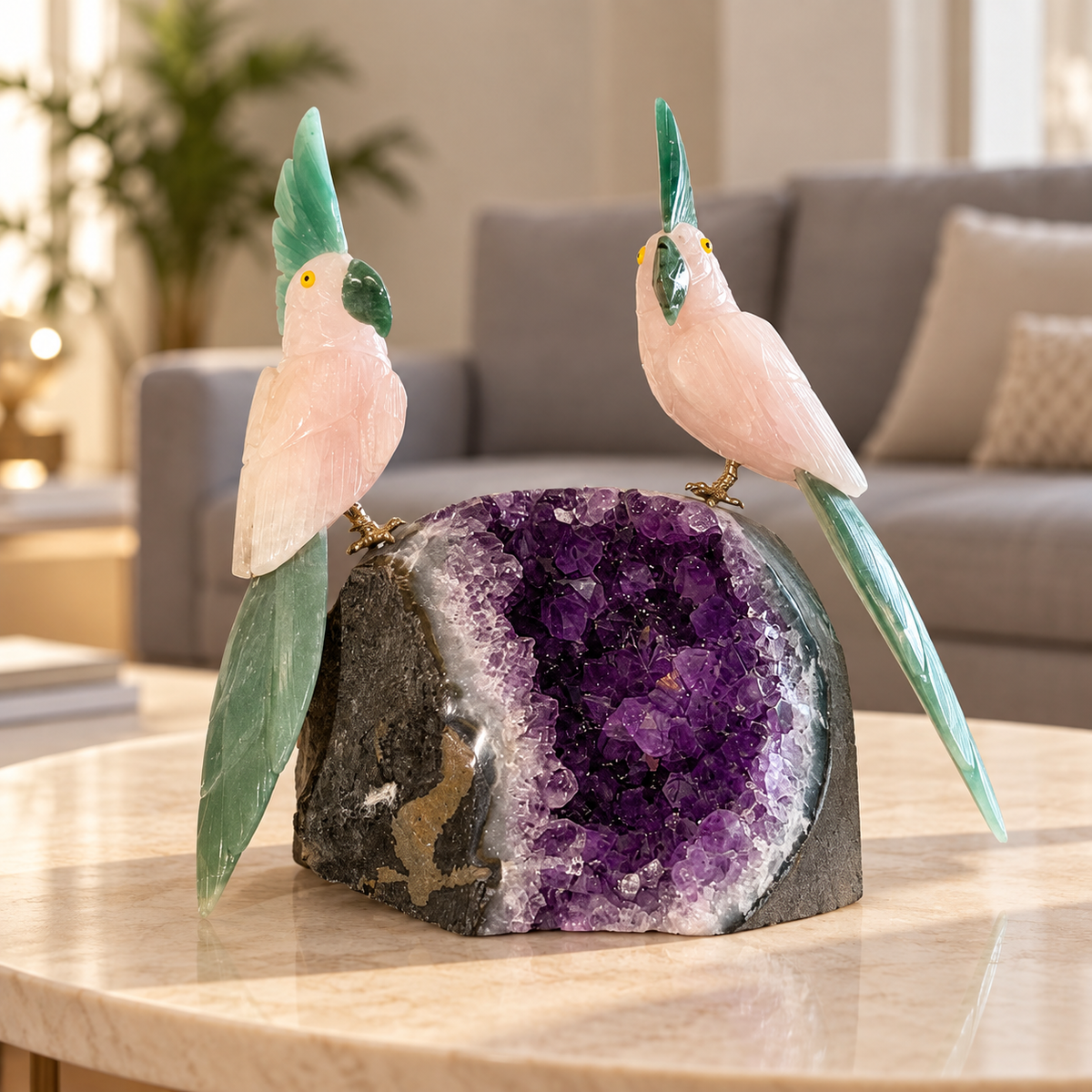 Aurevia Rose Quartz Duo Gemstone Birds – Green Jade Crystal Bird Home Décor, Love & Harmony Symbol, 7.5 Inch, 1.6 kg