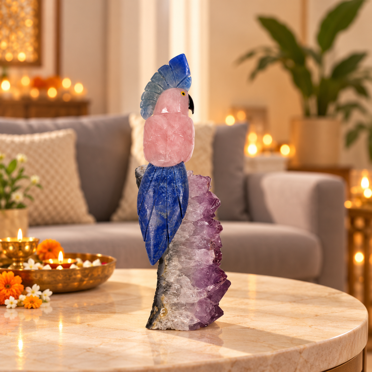 Rosella Amethyst Gemstone Bird – Rose Quartz & Lapis Lazuli Crystal Parrot Home Décor, Love & Wisdom Symbol, 8.5 Inch, 0.818 kg