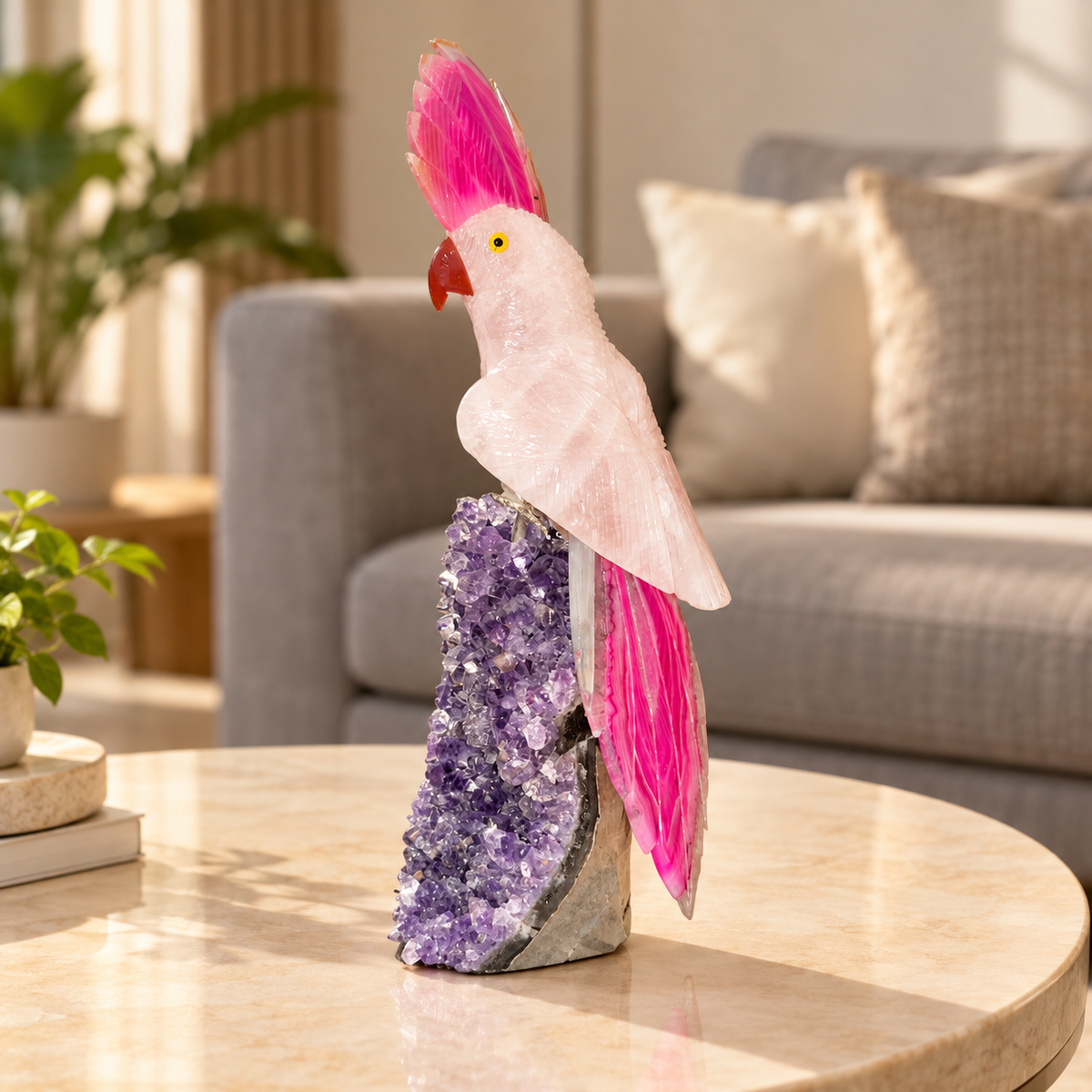 Aurevia Amethyst Gemstone Bird – Rose Quartz & Pink Agate Crystal Parrot Home Décor, Love & Harmony Symbol