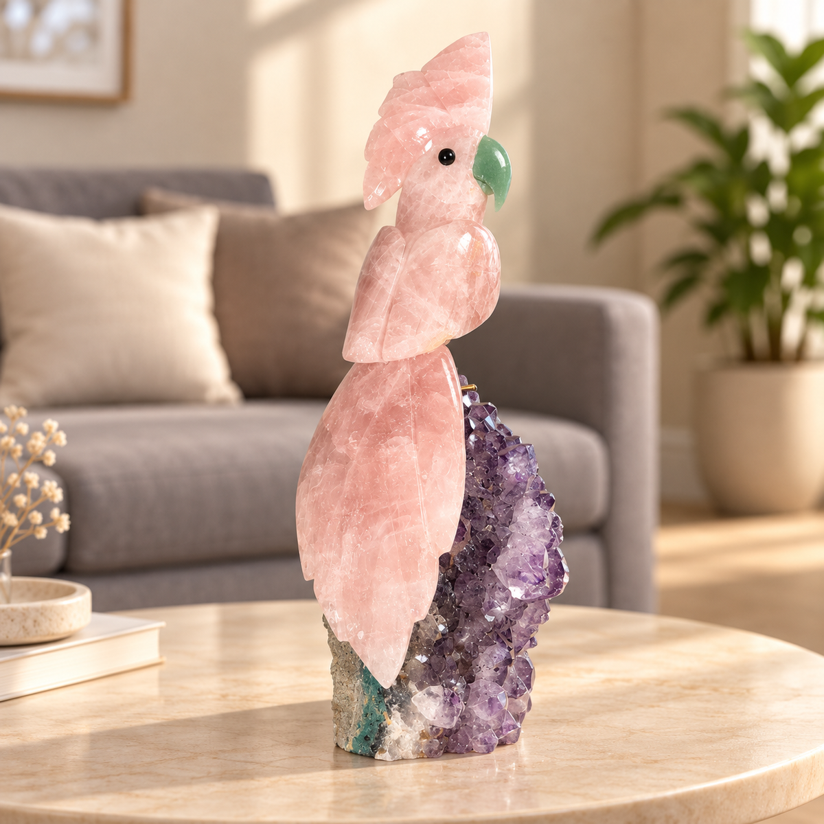 Rosavelle Amethyst Gemstone Bird – Rose Quartz Crystal Parrot Home Décor, Love & Harmony Symbol | 9.5 Inch, 1.3 kg