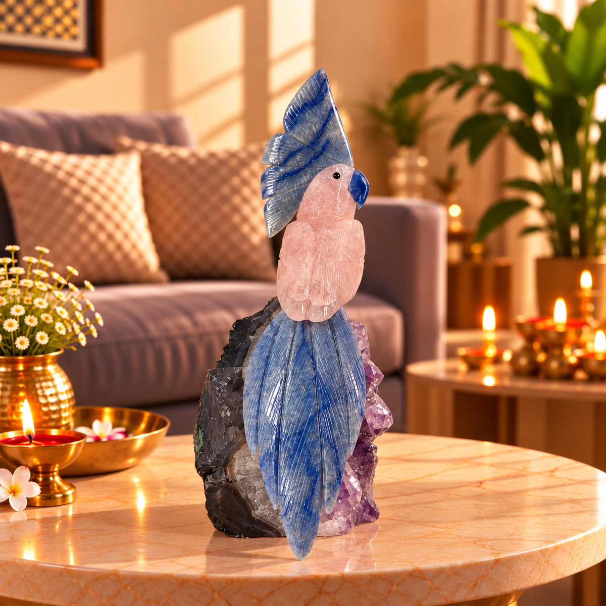 Rosavia Amethyst Gemstone Bird – Rose Quartz & Blue Sodalite Crystal Parrot Home Décor, Love, Clarity & Harmony Symbol 11 inch, 2.3 Kg